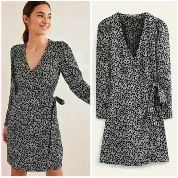 Boden Dresses & Skirts - NWT BODEN|| Swirl Sprig Ruched Sleeve Mini Wrap Dress Black White Anthropologie